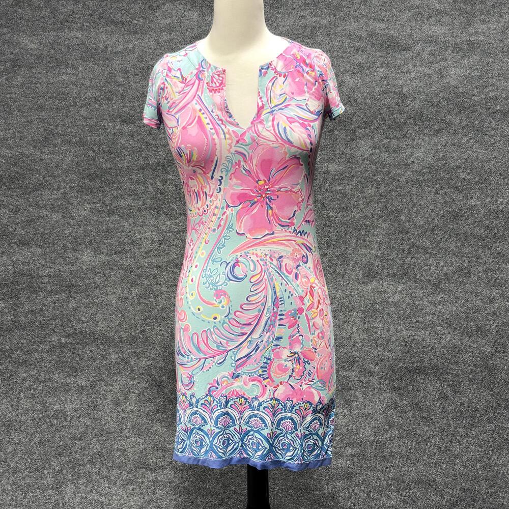 Lilly Pulitzer Dress Womens XXS Pink Blue Floral Paisley Stretch Knit Bodycon